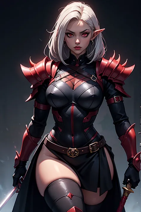 imagined a sfw dark persona curvy dominatrix dark elf queen black & red outfit holding a rapier sword, dark skin, sliver hair re...