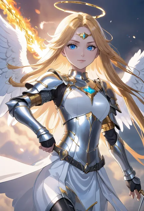 RPG fantasy, angel, straight golden hair, light blue eyes, gentle smile, angelic androgynous face, slender body, silver metallic...