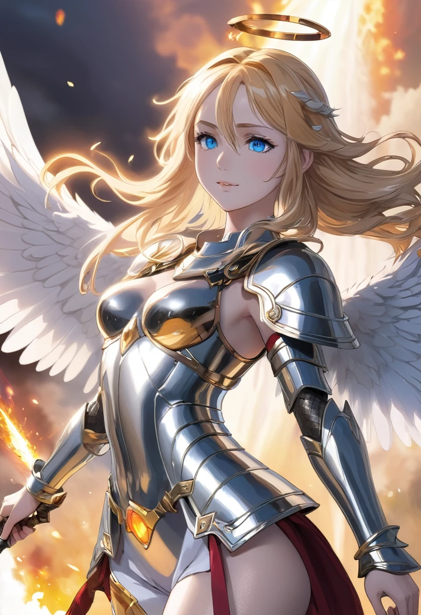 Fantasia de RPG, anjo, cabelos dourados lisos, olhos azuis claros, Sorriso gentil, anjoic androgynous face, Corpo esguio, halo metálico prateado na cabeça, Armadura de prata, espada flamejante na mão, asas brancas médias nas costas, descida heróica através das nuvens, movimento gracioso, ligeiramente sexy, ecchi anime, bokeh claro, obra de arte, corpo todo, visualização dinâmica, ângulo baixo, médio longe, Qualidade HD8k