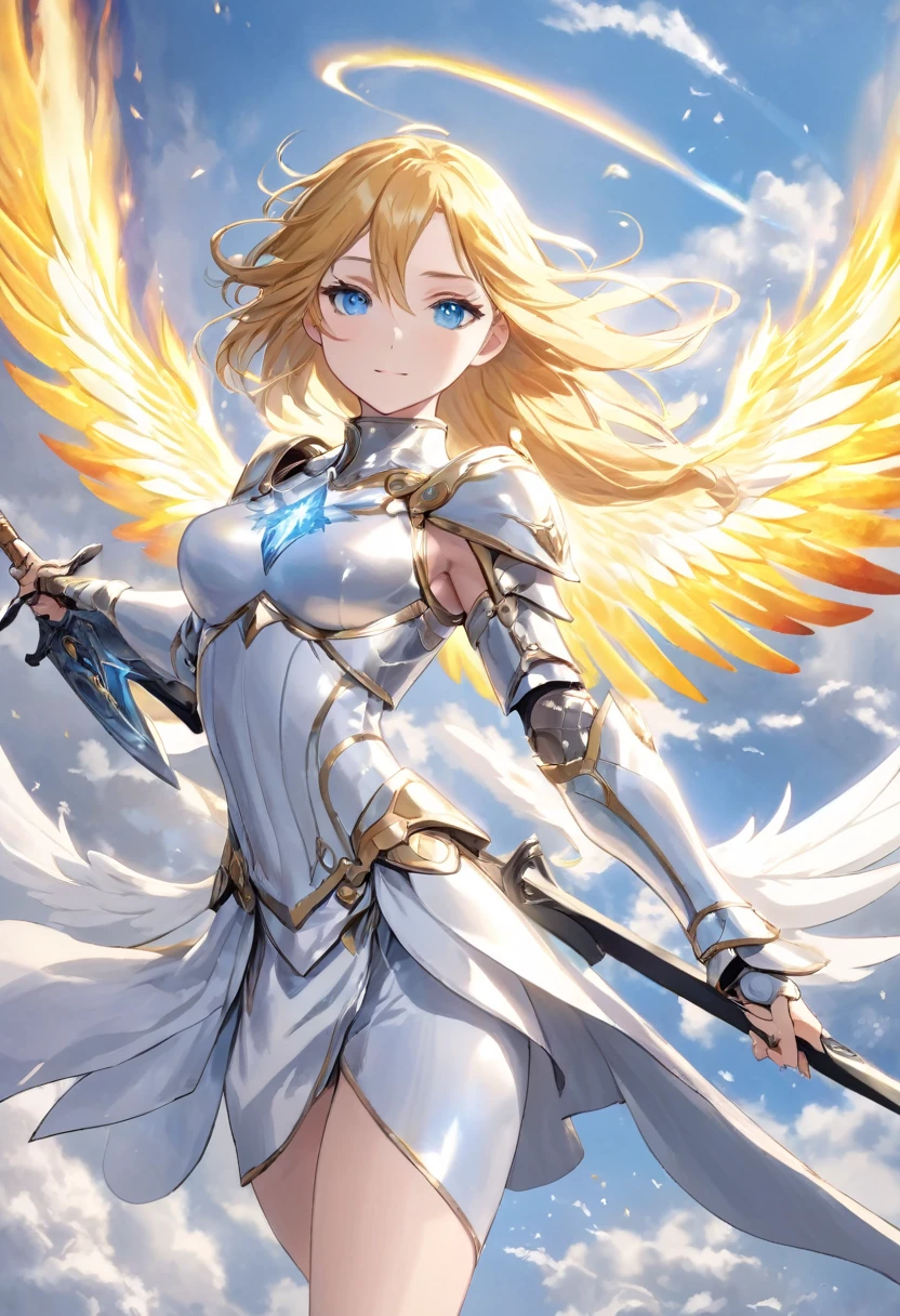 Fantasia de RPG, anjo, cabelos dourados lisos, olhos azuis claros, Sorriso gentil, anjoic androgynous face, Corpo esguio, halo metálico prateado na cabeça, Armadura de prata, espada flamejante na mão, asas brancas médias nas costas, descida heróica através das nuvens , movimento gracioso, ligeiramente sexy, ecchi anime, bokeh claro, obra de arte, corpo todo, visualização dinâmica, ângulo baixo, médio longe, Qualidade HD8k