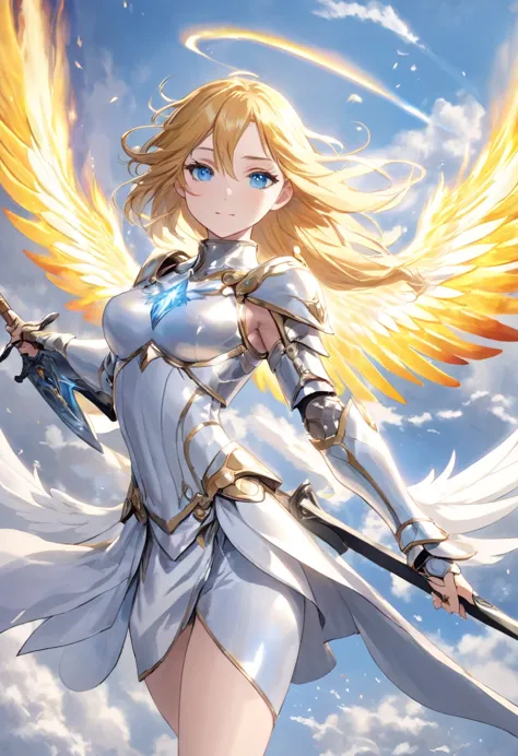 RPG fantasy, angel, straight golden hair, light blue eyes, gentle smile, angelic androgynous face, slender body, silver metallic...