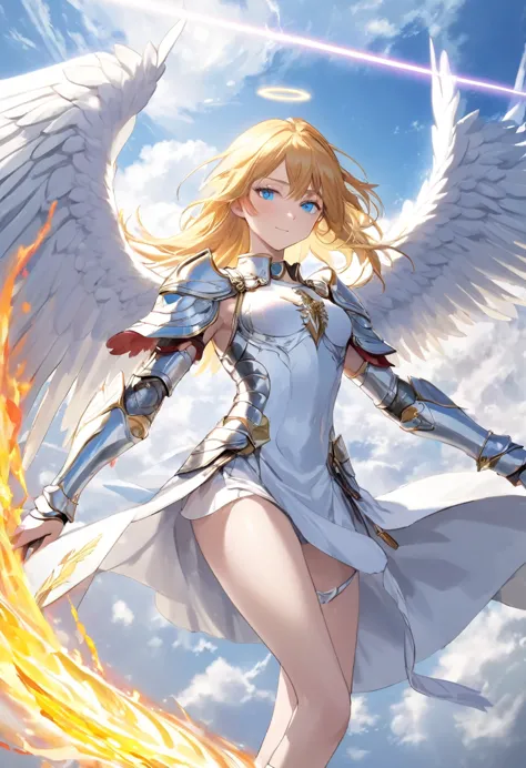 rpg fantasy, angel, straight golden hair, light blue eyes, gentle smile, angelic androgynous face, slender body, silver metallic...