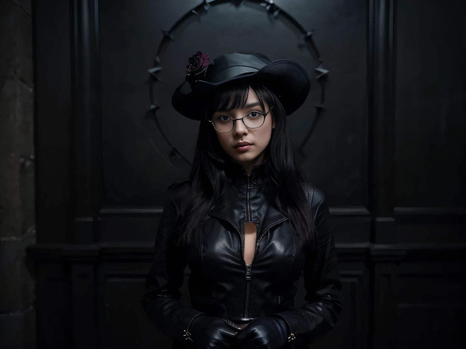 暗闇の周り，ベティ・ペイジは視聴者の方を向いて立っている，彼女のイメージは全体的に真っ黒だ(暗闇の中の少女、ジッパー、暗闇の中の海賊船など, 暗い要素を含む)，彼女は黒いスーツを着ています，そして黒い帽子をかぶって, 黒い眼鏡, 黒いブーツ, 黒い手袋, 黒のレザースカートと黒のドレス。 (頭からつま先まで黒一色の服装, コウモリ型の帽子, レザージャケット, 戦闘ブーツ, スパイク付き手袋)。 画像品質は非常に高い (最高品質), 4K, 8k, 高解像度, 傑作: 1.2） ， きめ細かな質感と抜群の透明感 ， 上品でリアル, 絵を描くのが好き (超詳細, 写実的な : 1.37) 。背景は暗い，少女の長い黒いドレスの強いコントラストを強調している。The lighting effect of the whole picture is 柔らかい、神秘的な(柔らかい,美しく神秘的な照明)。彼女のまばゆいばかりの黒いメイクと細心の注意を払った,細くて澄んだ目がある(美しい目のディテール),彼女の唇も美しい,彼女は特に魅力的に見える (美しい唇のディテール)。彼女の背の高い体型と優雅な姿勢は彼女にとても自信と自立心を与えている。。彼女の姿勢は優雅なステップとなる 、ブラックローズガーデンで踊ったり立ったり。 舞台庭園には暗闇がある、神秘的な atmosphere，黒いバラ(咲き誇る黒いバラ)催眠術のような魅力を放つ。絵全体は黒のテーマを強調している,神秘性と魅力のあるキャラクターを表現する(暗くて神秘的な環境にいる少女, 真っ黒です) 。この絵画は暗い雰囲気と詳細な人物像を組み合わせている, これにより、ユニークで魅力的な芸術効果が生まれます.。アートスタイルはダークなものになることもある, 重い, ゴシックロマンスまたは探偵小説.  色調は主に黒, 濃い赤を加えることもできます、レイヤーにマッチするダークブルーとパープルの色合い。