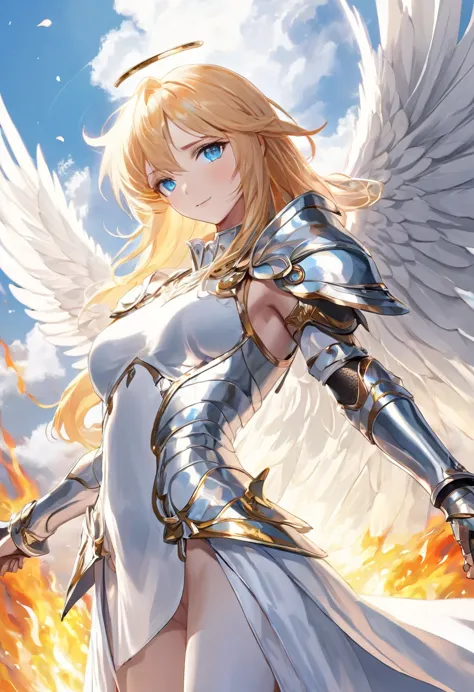 rpg fantasy, angel, straight golden hair, light blue eyes, gentle smile, angelic androgynous face, slender body, silver metallic...