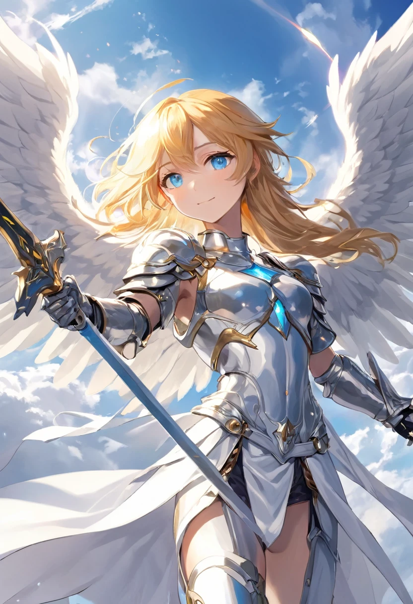 Fantasia de RPG, anjo, cabelos dourados lisos, olhos azuis claros, Sorriso gentil, anjoic androgynous face, Corpo esguio, halo metálico prateado na cabeça, Armadura de prata, espada flamejante na mão, asas brancas médias nas costas, descida heróica através das nuvens , movimento gracioso, ligeiramente sexy, ecchi anime, bokeh claro, obra de arte, corpo todo, visualização dinâmica, ângulo baixo, médio longe, Qualidade HD8k