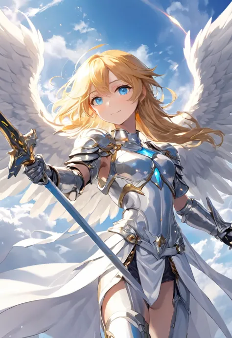 RPG fantasy, angel, straight golden hair, light blue eyes, gentle smile, angelic androgynous face, slender body, silver metallic...