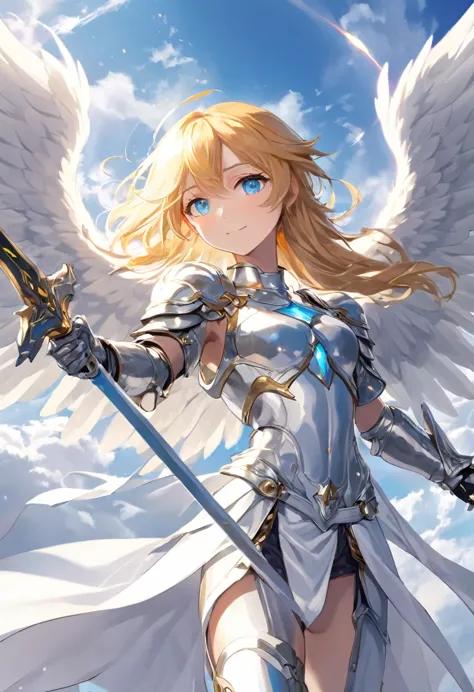 rpg fantasy, angel, straight golden hair, light blue eyes, gentle smile, angelic androgynous face, slender body, silver metallic...