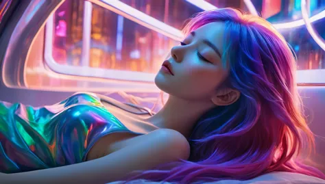 {{masterpiece}}, best quality, Extremely detailed CG unified 8k wallpaper, Movie Lighting,Futurism， A woman sleeping in bed，Long...