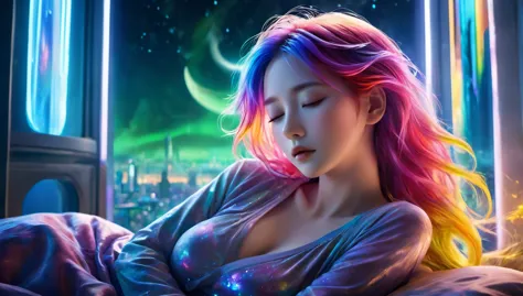 {{masterpiece}}, best quality, extremely detailed cg unified 8k wallpaper, movie lighting,futurism， a woman sleeping in bed，slee...