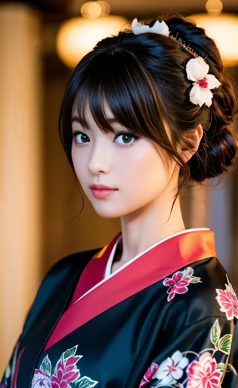 ((The streets of Kyoto as night falls during the Edo period,A young geisha walks with beautiful manners through the town lit by ...