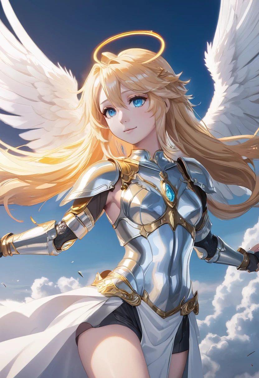 RPG fantasy, angel, straight golden hair, light blue eyes, gentle smile, angelic androgynous face, slender body, silver metallic halo on the head, silver armor, flaming sword in hand, medium white wings on the back, heroic descent through the clouds, graceful movement, slightly sexy, ecchi anime, light bokeh, masterpiece, full body, dynamic view, low angle, medium far, HD8K quality