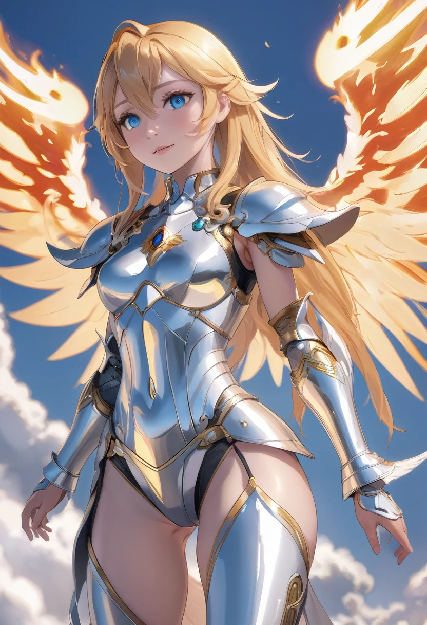 RPG fantasy, angel, straight golden hair, light blue eyes, gentle smile, angelic androgynous face, slender body, silver metallic halo on the head, silver armor, flaming sword in hand, medium white wings on the back, heroic descent through the clouds, graceful movement, slightly sexy, ecchi anime, light bokeh, masterpiece, full body, dynamic view, low angle, medium far, HD8K quality