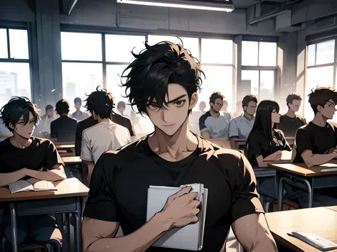 A group of students sitting and studying in the classroom，Group of 2，（Huge crowds of people:1.5），（male，Black T-shirt，Black short...