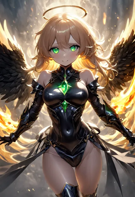 rpg fantasy, fallen angel, straight golden hair, emerald green eyes, sadistic smile, corrupted angelic face, slender body, large...