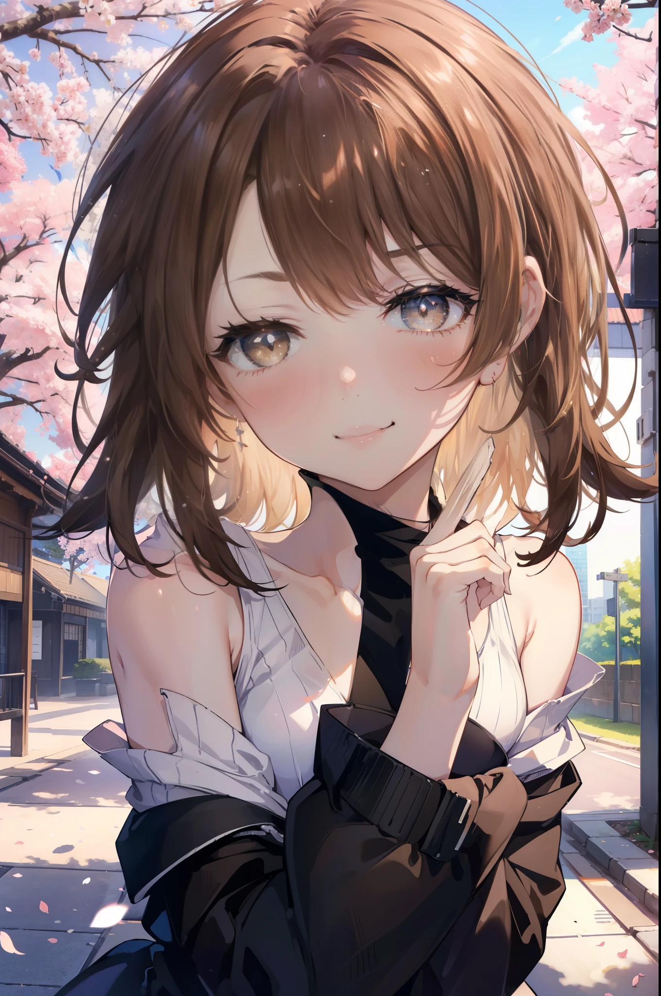 irohaisshiki, Iroha Isshiki, Long Hair, Brown Hair, (Brown eyes:1.5), happy smile, smile, Open your mouth,Put your hand over your mouth and make a peace sign,To the camera,Off-the-shoulder sweater,Exposing shoulders,bare clavicle,Bare neck,Black long skirt,black tights,short boots,Cherry blossoms are blooming,Cherry blossoms are scattered,
break indoors, Cherry blossom tree-lined path,
break looking at viewer,Upper Body,
break (masterpiece:1.2), highest quality, High resolution, unity 8k wallpaper, (shape:0.8), (Beautiful and beautiful eyes:1.6), Highly detailed face, Perfect lighting, Highly detailed CG, (Perfect hands, Perfect Anatomy),