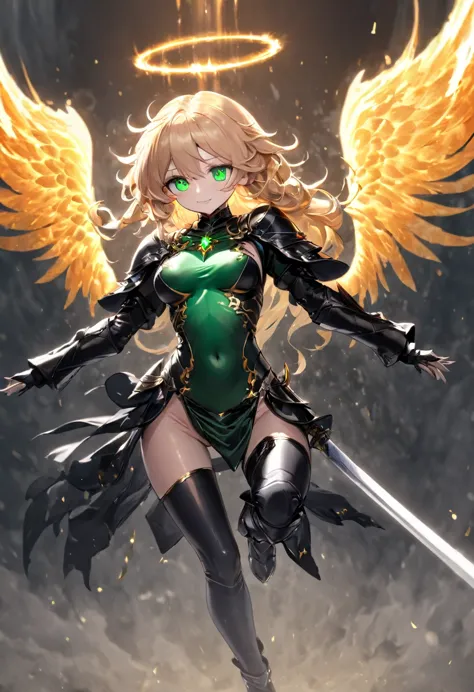 RPG fantasy, fallen angel, straight golden hair, emerald green eyes, sadistic smile, corrupted angelic face, slender body, large...