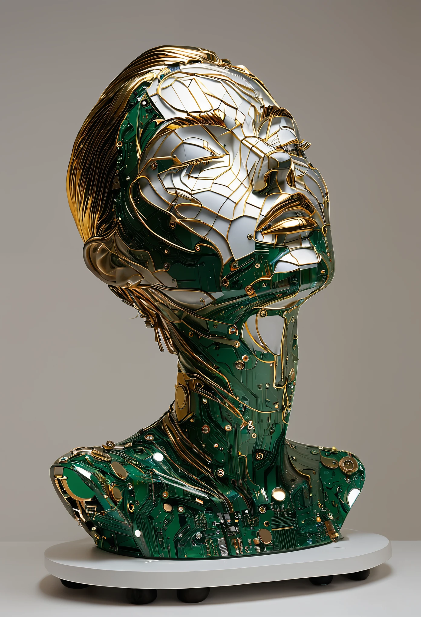 Intricate painting of an exploded female bust made from circuit boards, Winner of the Behance competition, vanity, angle, clockpunk knollingcase in glass display case, gold medal_flash  