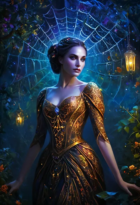 A spider lady incarnation of a noblewoman in a beautiful night dress, (best quality, highres, ultra-detailed), (portrait, fantasy), vibrant colors, ethereal lighting, detailed lace patterns, graceful posture, intricate spider web motifs, delicate silk fabr...