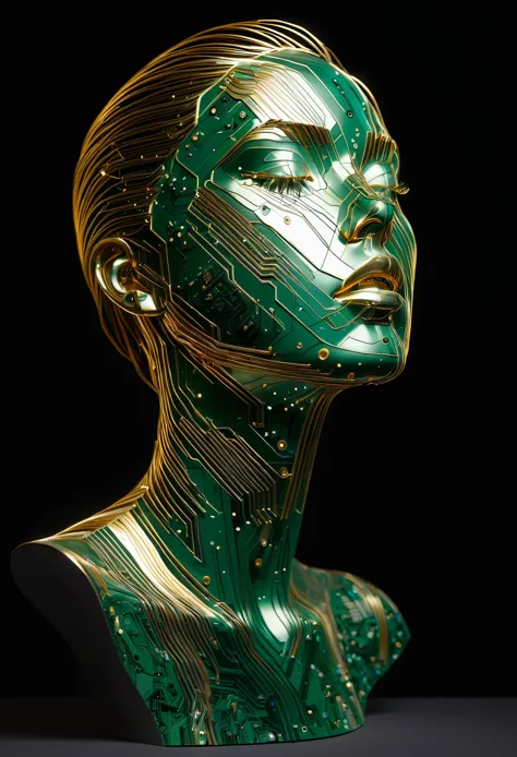 intricate painting of an exploded female bust made from circuit boards, winner of the behance competition, vanity, angle, gold m...