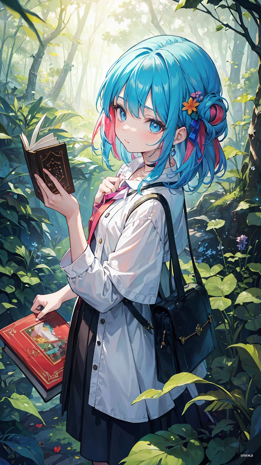 (masterpiece, best quality), (colorful:1.4), from above, solo, 1girl standing in an ancient forest where trees whisper secrets and animals speak in human tongue, with a bag of enchanted forest fruits and a book of forgotten spells, depth of field, fisheye lens
