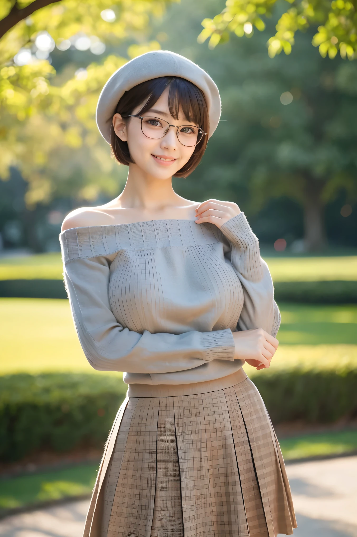 (highest quality、Tabletop、8k、Best image quality、Award-winning works)、One beautiful woman、(alone:1.1)、Perfect beautiful composition、(Accentuate your body lines:1.1)、( Berry short cut hair:1.1)、(The perfect off-the-shoulder knit sweater:1.2)、(Grey Beret:1.1)、(Bare arms:1.2)、(Classy and perfect round glasses:1.2)、(Huge breasts that are too big:1.4)、(Elegant brown checked melton skirt:1.2)、(Full body photo:1.1)、Look at me and smile、(Accurate city park background with strong blur:1.1)、Standing Elegantly、Droopy eyes、Natural Makeup、Ultra-high definition beauty face、Ultra HD Hair、Ultra high resolution glowing eyes、Super high quality glossy lip、Accurate anatomy、(very bright and vivid:1.1)