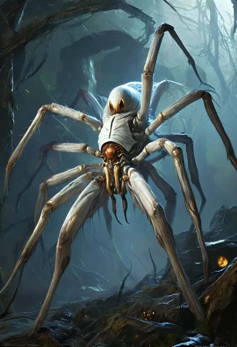 best quality,4k,8k,highres,masterpiece:1.2),ultra-detailed,realistic,photorealistic:1.37,this creature, a terrifying fusion of spider and human female with six arms, embodies a grotesque harmony of two distinct forms. Its upper body retains the unmistakable features of a woman, albeit distorted by the merging process. its eyes gleam with a sinister intelligence, more arachnid than human. (beautiful hair, white skin:1.3),

From the torso sprout four additional limbs, elongated and jointed like a spider's, yet retaining a disturbingly human fleshiness. These arms are equipped with fingers that end in sharp, chitinous claws, capable of rending flesh with ease.

The lower body is a fusion of spider and human anatomy, with the abdomen stretching out behind like that of a monstrous arachnid. Jagged spines protrude from its exoskeleton, each one a reminder of its unnatural origins. The legs, a grotesque combination of human thighs and spider's hairy appendages, provide both agility and strength, enabling it to skitter across surfaces with alarming speed and grace.

In its presence, one cannot help but feel a primal fear, as if staring into the abyss where human and arachnid merge to create a nightmare incarnate. white skin , white spider,