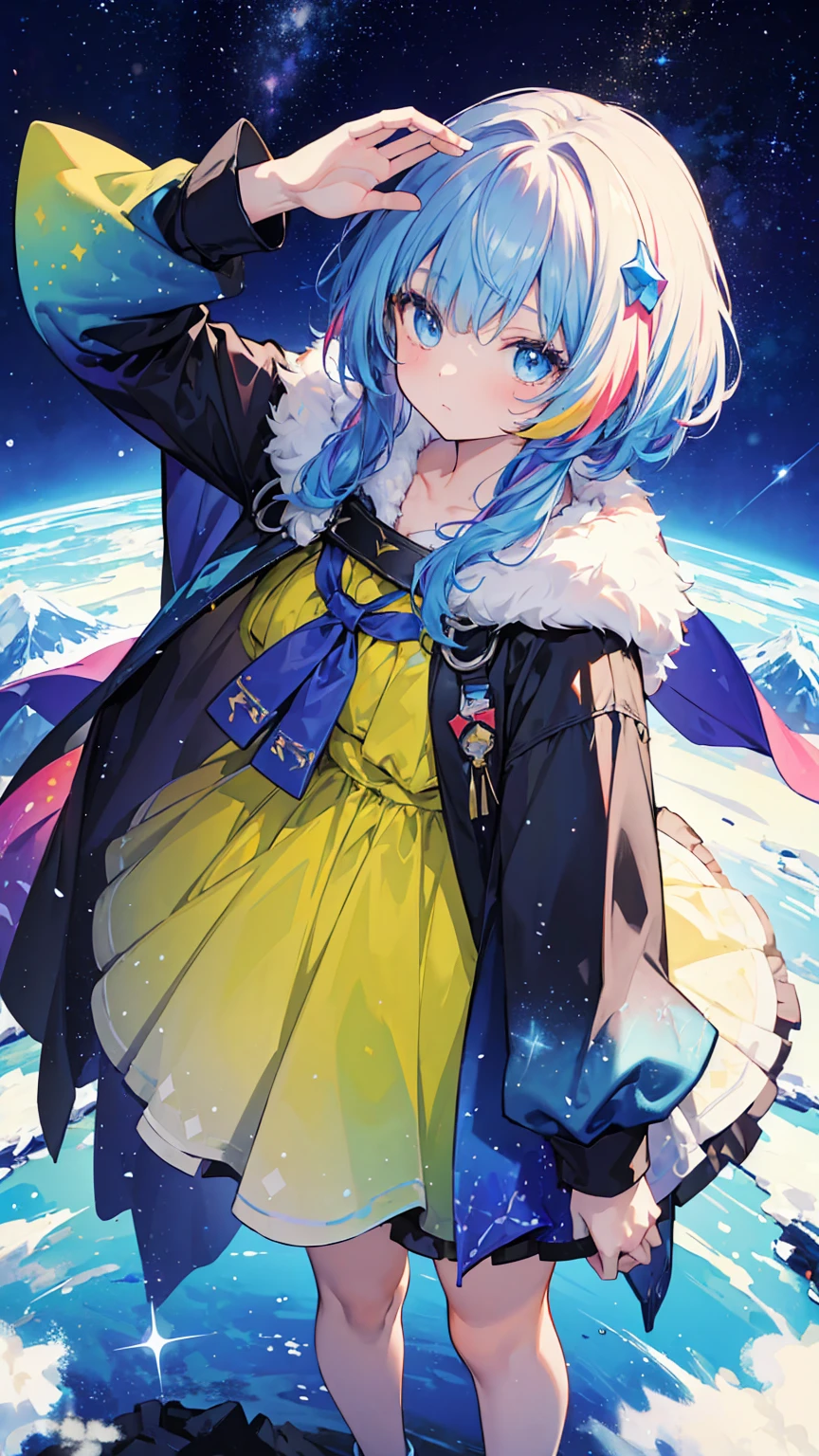 (masterpiece, best quality), (colorful:1.4), from above, solo, 1girl standing atop a mountain peak where the stars touch the earth, with a cloak woven from stardust and a bag of constellations to guide her journey, depth of field, fisheye lens
