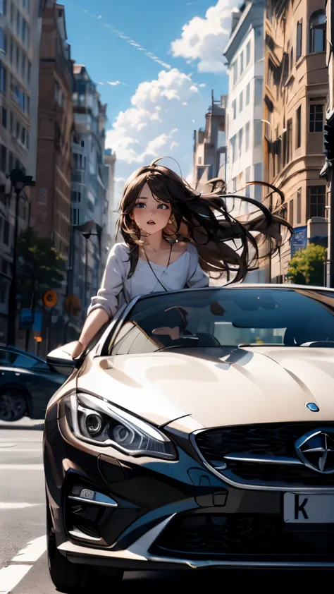 a woman driving a car, on the street, buildings, clouds in the sky,