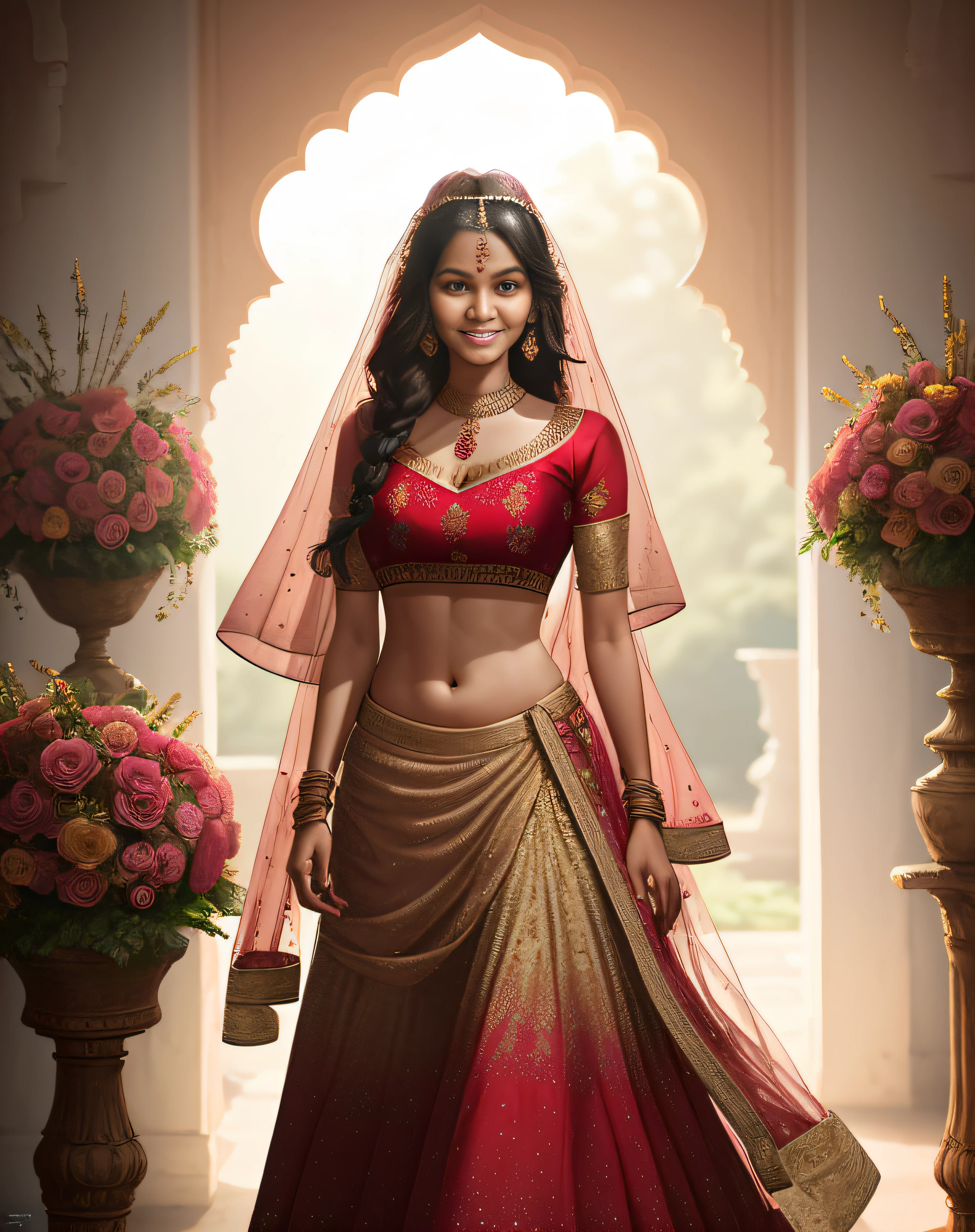 (obra maestra de fotografía de larga duración de un solo:1.2) seductor sexy alto con curvas (18 años) La novia princesa supermodelo india caminando (jardín:1.3), (luciendo un impresionante rojo nupcial & lehenga de oro & blusa:1.3). pura dupatta, maximalismo, (decoraciones florales de boda:1.3), (escote elegante & barriga), (maquillaje indio & joyas:1.2) Cabello castaño largo trenzado con reflejos.,, vivaz, mirada lujuriosa, regocijado (hermosos ojos detallados:1.1) , (sonrisa brillante y coqueta:1.2), (intensa y espectacular luz de la tarde:1.4), retroiluminado, llave de luz, Luz de llanta, rayos de luz, muy detallado, tendencia en artstation, salpicaduras de pintura, color rico, Retrato abstracto, por Atey Ghailan