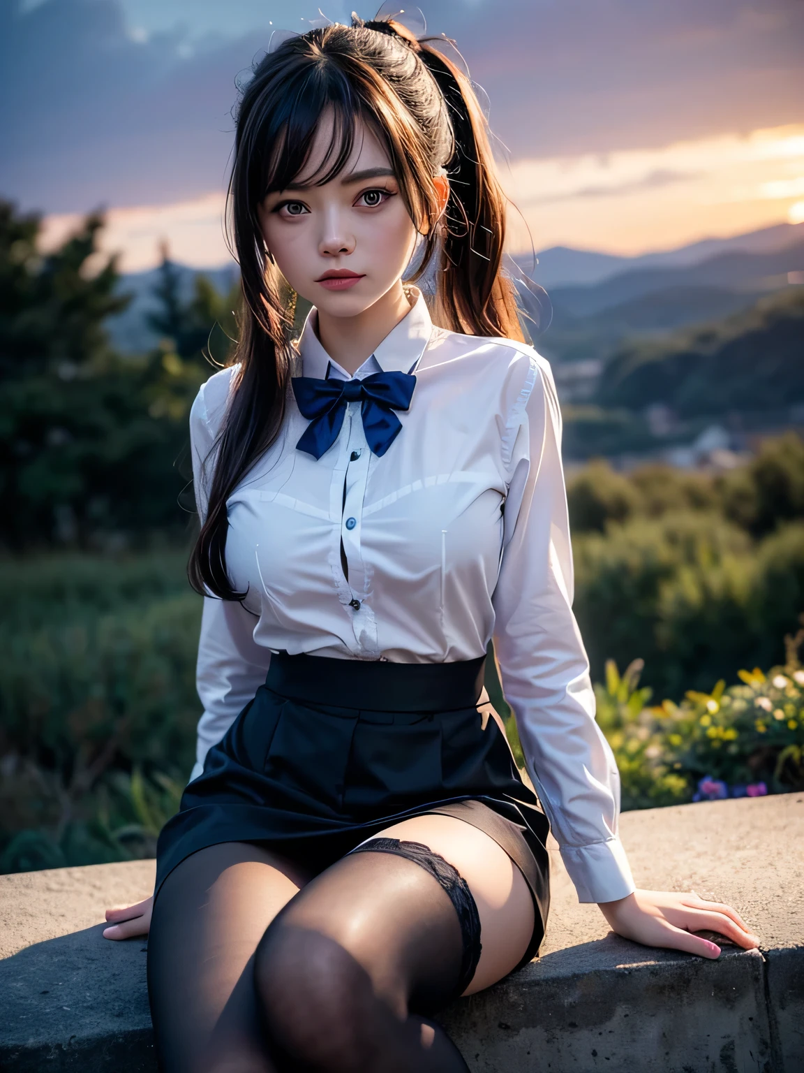 best quality, masterpiece,, Illustration, Wallpaper,1girl, solo, Emma stone, white shirt, black skirt, light  hair, semi-long hair, beautiful detailed girl, extremely detailed eyes and face, beautiful detailed eyes, shy, natural_lighting, glow,nsfw, clean sky, looking at viewer, outdoors, night sky, star (sky), loafers, black pantyhose, blue bowtie, straight hair, purple petals, purple and blue flowers, red pupil, ponytail, blue ribbon,white hair, thick_thighs, large breasts, breast out, chubby, red eyes,