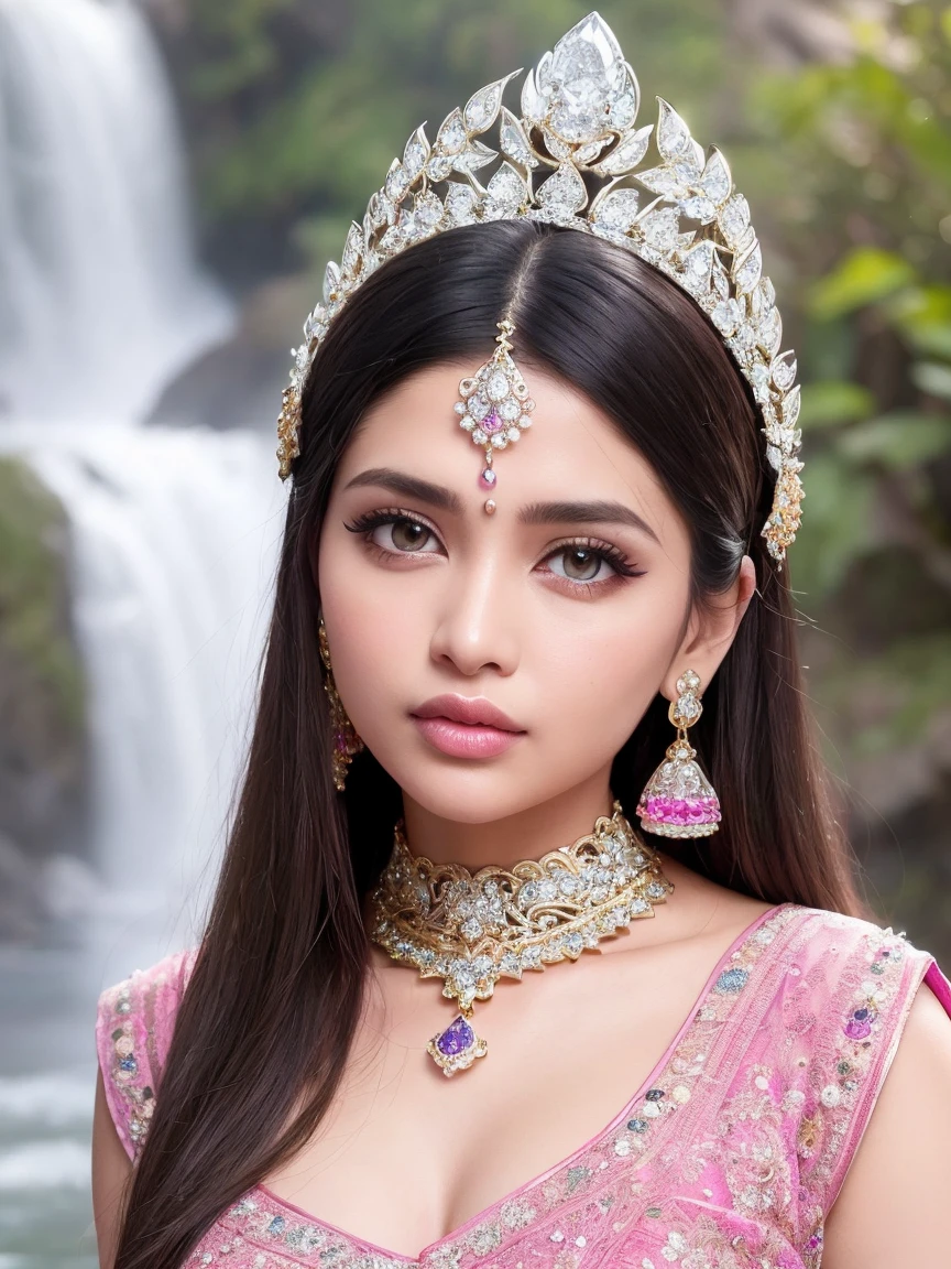 (masterpiece), 4k, high resolution, the best quality, upper body close up, face focus, expressive eyes, perfect face, beautiful details face, ((flawless goddess)), ((ultra detailed jewelry:1.5)), ((indian bridal ornate jeweled headpiece)), ((india gemstone jewelry)), (random hairstyles, shiny hair , beautiful details eyes, glowing eyes, ((forehead jewel)) , (diamond hair orament), thick body, upper and bottom body, pink lips, white nails, mascara, Long eyelashes,  jewelry, earring, posing in waterfall tample