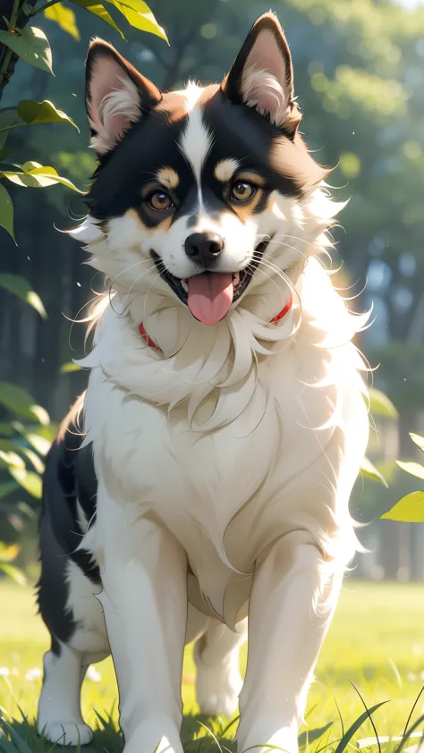 best quality, ultra-detailed, realistic, photorealistic, adorable, fluffy Shiba Inu dog, playful, curious expression, dark almond-shaped eyes, black button nose, pointy ears, fuzzy tail, vibrant fur colors, tan and white markings, beautiful outdoor scenery...