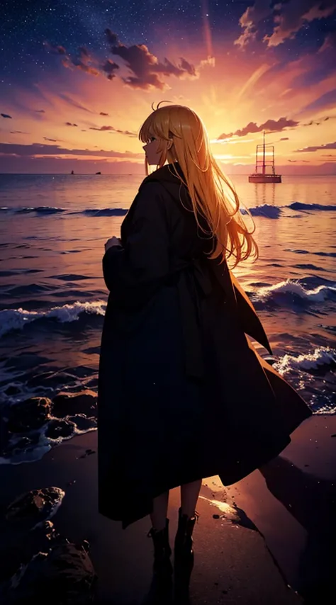 １people々々々々々々々々々々々々々,blonde long-haired woman，long coat， dress silhouette， rear view，space sky, , anime style, sunset，the bounda...