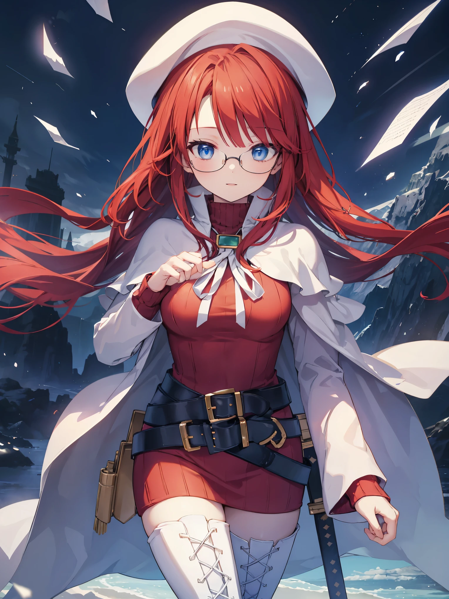 summonnightaty, aty, long hair, blue eyes, red hair, beret, hat, glasses,
BREAK long hair, thighhighs, hat, dress, boots, glasses, belt, cape, sweater, zettai ryouiki, beret, thigh boots, white footwear, ribbed sweater, loose belt,solo,
BREAK outdoors, fantasy,on_a_ship,
BREAK (masterpiece:1.2), best quality, high resolution, unity 8k wallpaper, (illustration:0.8), (beautiful detailed eyes:1.6), extremely detailed face, perfect lighting, extremely detailed CG, (perfect hands, perfect anatomy),covered_nipples,covered_navel,light_smile ,(half_eyes:1.4),long_sword,edge,armpit,sleepy,dynamic_standing,red_sweater,apart_legs,magical_effect,pulmp,big_tits,light_open_mouth,prepare_a_sword