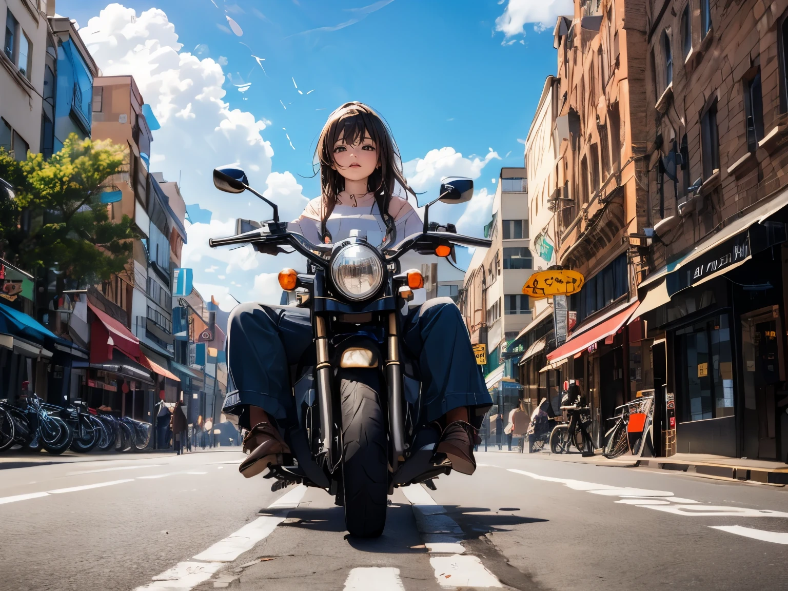 a woman driving a red car with a motorcycle riding alongside on the street, buildings, clouds in the sky,