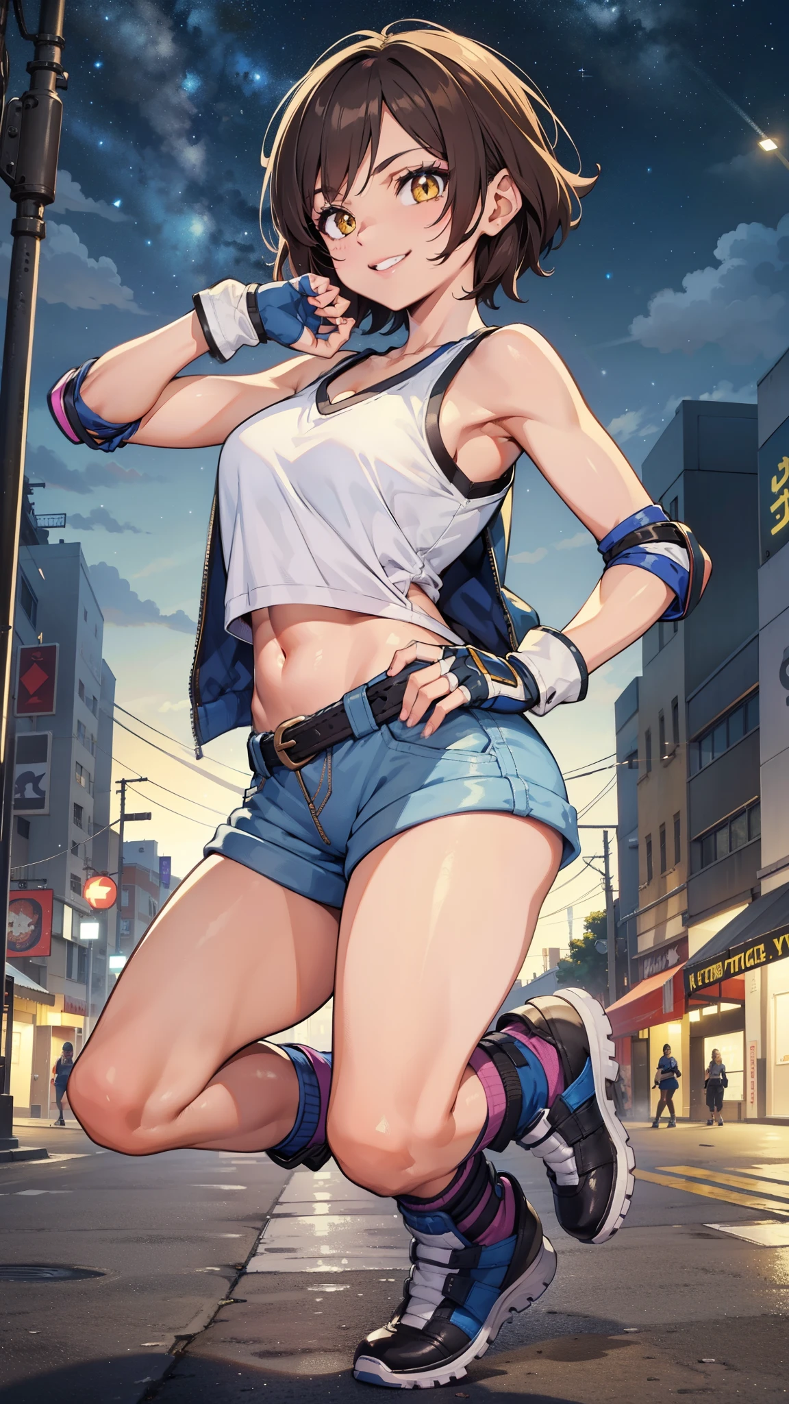 street dancer,  short hair, brown hair, yellow glowing eyes, perfect lips,big smile , confident smile,cute expression, cute face, cute pose, fingerless gloves, gun, tank top, jacket, cute pose, ultra detailed face, long eyelashes, sharp eyes , Fullbody shot, dinamic viewer, night sky 