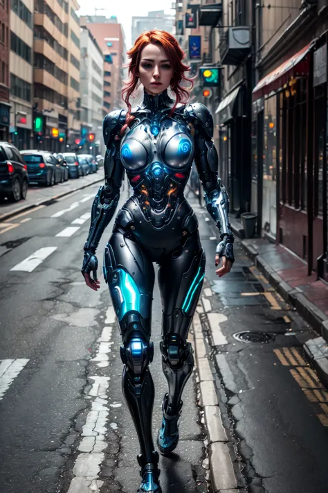 female cyborg walking in the street, french braid, red hair, beautiful breast, absurdres, magnificent skin, beautiful eyes, (Bes...