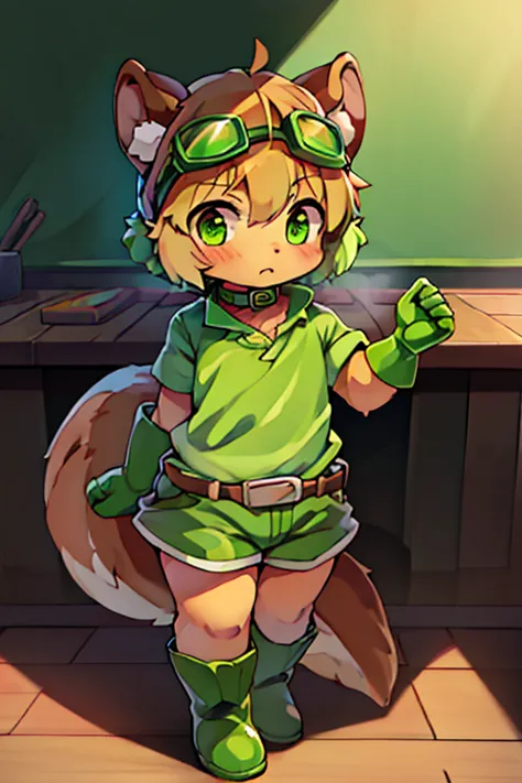 boy, furry, blown squirrel ears, animal ear fluff, bodyfur, blown squirrel tail, green goggles, green club budge, green neckerch...