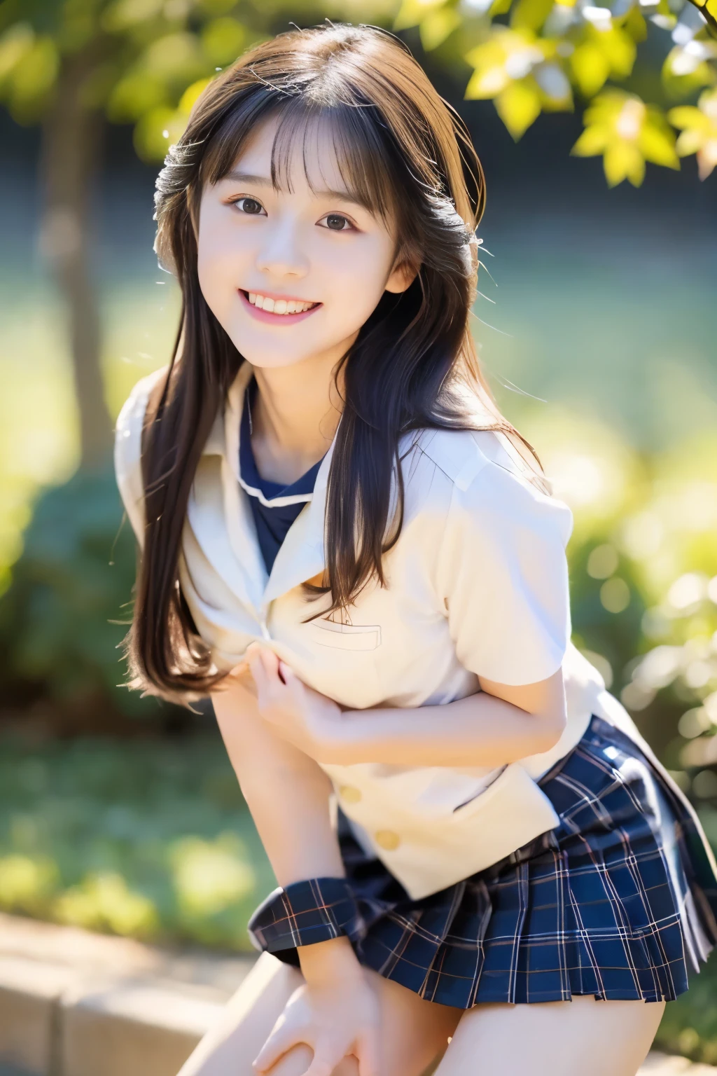 (((masterpiece))), (Beautiful Japanese Girl, Classmate, Innocence，cute) ，超A high resolution, Realistic, Ultra-detailed, 8k,highest quality, Very detailed,Slender figure,とてもBeautiful Japanese Girl, (Detailed face:1.3), (Beautiful Long Hair，Black-haired :1.4), (Baby Face，cute系,Adorable), (Perfect body:1.1),85mm,Official AR RAW Photos, Show me your ears，photo shoot, Looking at the audience, smile、No makeup, Rosy Cheeks，Film Grain, chromatic aberration, Sharp focus, Face Light, Bright lighting, ((((((14-year-old junior high school student))))))、Slender figure，(A proper sailor uniform、Navy Blue Skirt)、(((White panties，Beautiful thighs)))，show me your beautiful teeth,非常にDetailed face、Detailed lips、Detailed eyes、Junior Gravure Idol，Clear Skin，Japanese high  with school emblem on the chest，Crouching