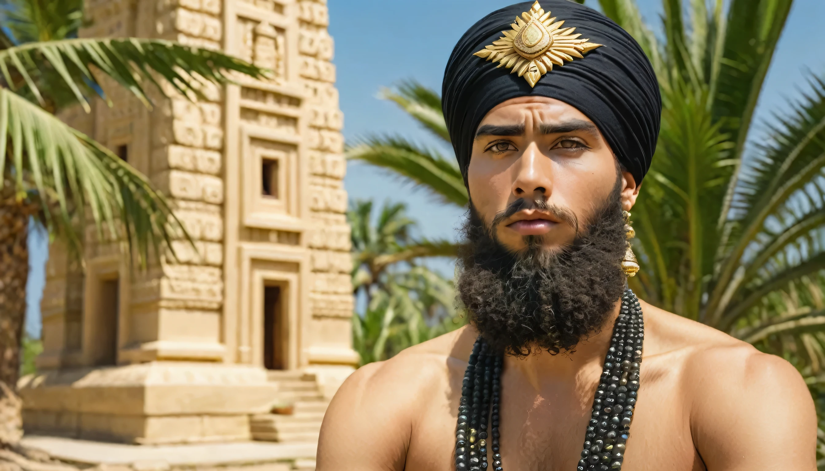 king of Babylon nabucodonosor wearing a crown, turban, at a temple, long curly beard, long curly black_hair, outdoors Palm trees in the background, facial_hair, 1boy, solo, male_focus, jewelry, palm_trees, realistic, day, meditating pose