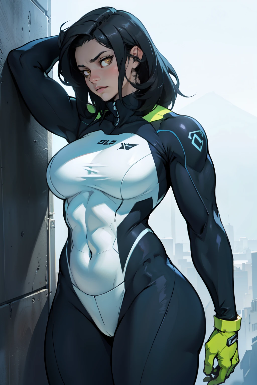 muscular girl toned body large breasts thick thighs pale skin girl black hair yellow eyes sad chiaroscuro backlighting skintight suit
