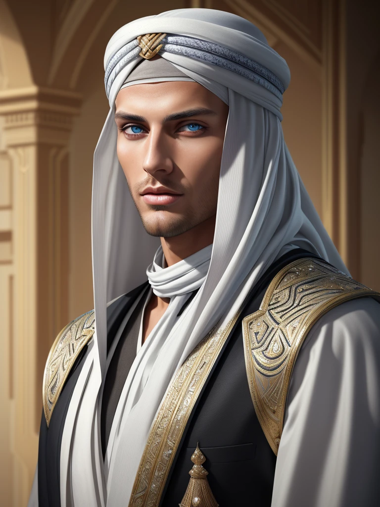 A tall, handsome, handsome young man with platinum blond hair, blue eyes, tanned skin, long straight platinum hair, dressed in the clothes of Arab sheikhs with a turban on his head. Masterpiece, perfect image, realistic pictures, detailed face study, full-length image, 8k, detailed image. extremely detailed illustration, a real masterpiece of the highest quality, with careful drawing.