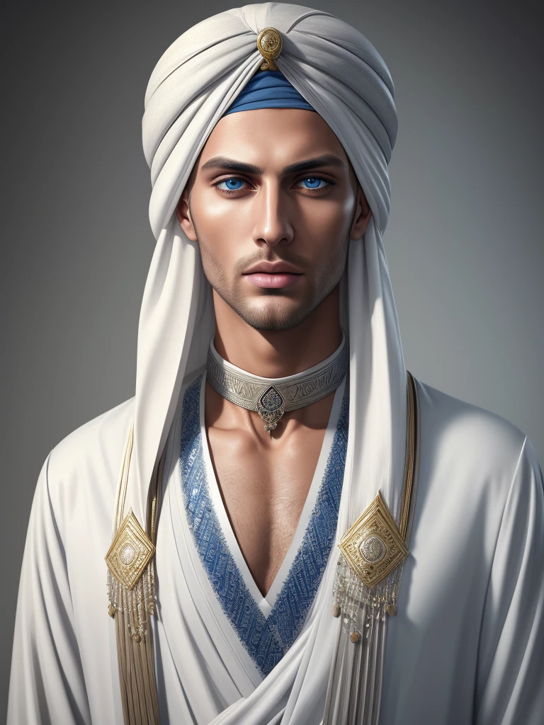 A tall, handsome, handsome young man with platinum blond hair, blue eyes, tanned skin, long straight platinum hair, dressed in the clothes of Arab sheikhs with a turban on his head. Masterpiece, perfect image, realistic pictures, detailed face study, full-length image, 8k, detailed image. extremely detailed illustration, a real masterpiece of the highest quality, with careful drawing.