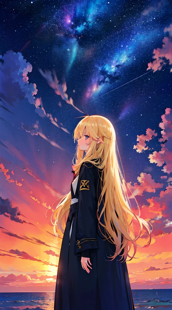 １Menschen々々々々々々々々々々々々々々,Blonde langhaarige Frau，langer Mantel， Kleid Silhouette， Rückansicht，Weltraumhimmel, , Anime-Stil, Sonnenuntergang，Die Grenze zwischen Meer und Weltraum，