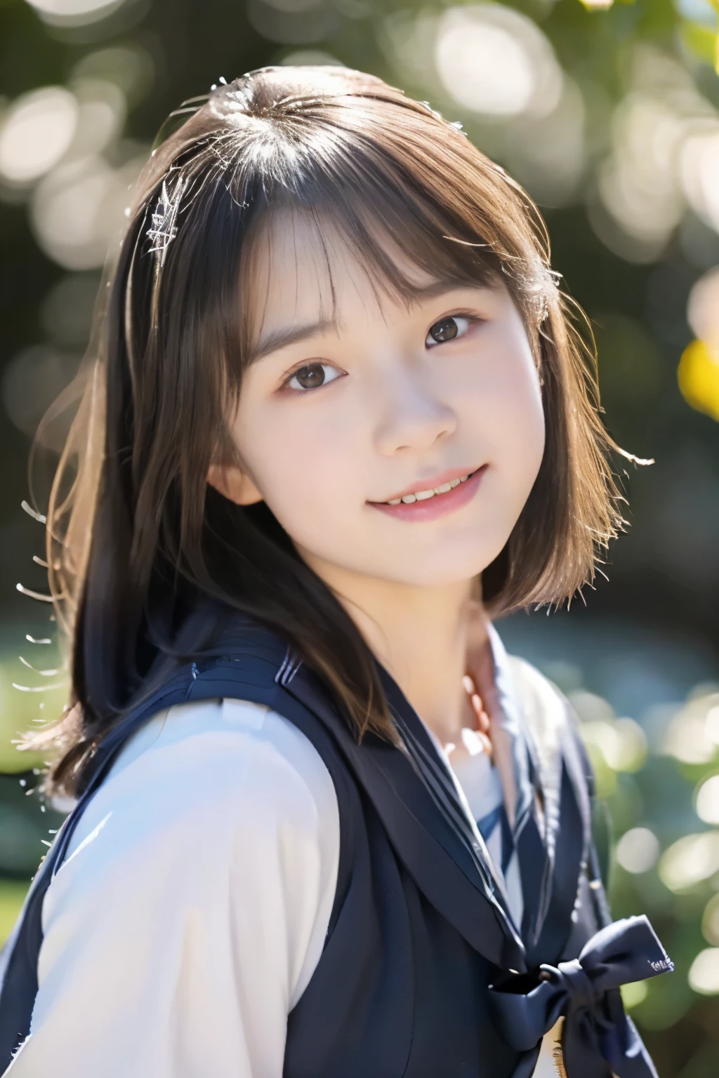 (((masterpiece))), (Beautiful Japanese Girl, Classmate, Innocence，cute) ，超A high resolution, Realistic, Ultra-detailed, 8k,highest quality, Very detailed,Slender figure,とてもBeautiful Japanese Girl, (Detailed face:1.3), (Beautiful Long Hair，Black-haired :1.4), (Baby Face，cute系,Adorable), (Perfect body:1.1),85mm,Official AR RAW Photos, Show me your ears，photo shoot, Looking at the audience, smile、No makeup, Rosy Cheeks，Film Grain, chromatic aberration, Sharp focus, Face Light, Bright lighting, ((((((14-year-old junior high school student))))))、Slender figure，(A proper sailor uniform、Navy Blue Skirt)、(((White panties，Beautiful thighs)))，show me your beautiful teeth,非常にDetailed face、Detailed lips、Detailed eyes、Junior Gravure Idol，Clear Skin，Japanese high  with school emblem on the chest，Crouching