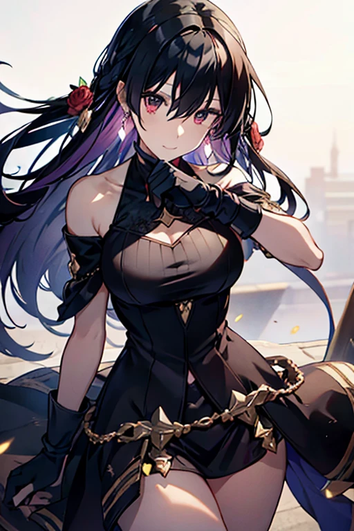 yor briar, anime style beutiful woman, 1girl, happy, sexy pause,(with sparkling eyes and a contagious smile:0.9),red face, closed mouth, beautiful detailed eyes, super detailed skin, backlighting, bare shoulders, black background, black dress, black gloves, black hair, breasts, dress, earrings, fingerless gloves, floating hair, floral print, flower, gloves, gold earrings, gold hairband, hair flower, hair ornament, hairband, holding, holding weapon, jewelry, large breasts, long hair, looking at viewer, off-shoulder dress, off shoulder,red eyes, short hair with long locks, sidelocks, solo, spikes, thighs, two-sided dress, two-sided fabric, weapon, fighting stance , face, close up, from above, highest quality, looking at viewer,high resolution.
