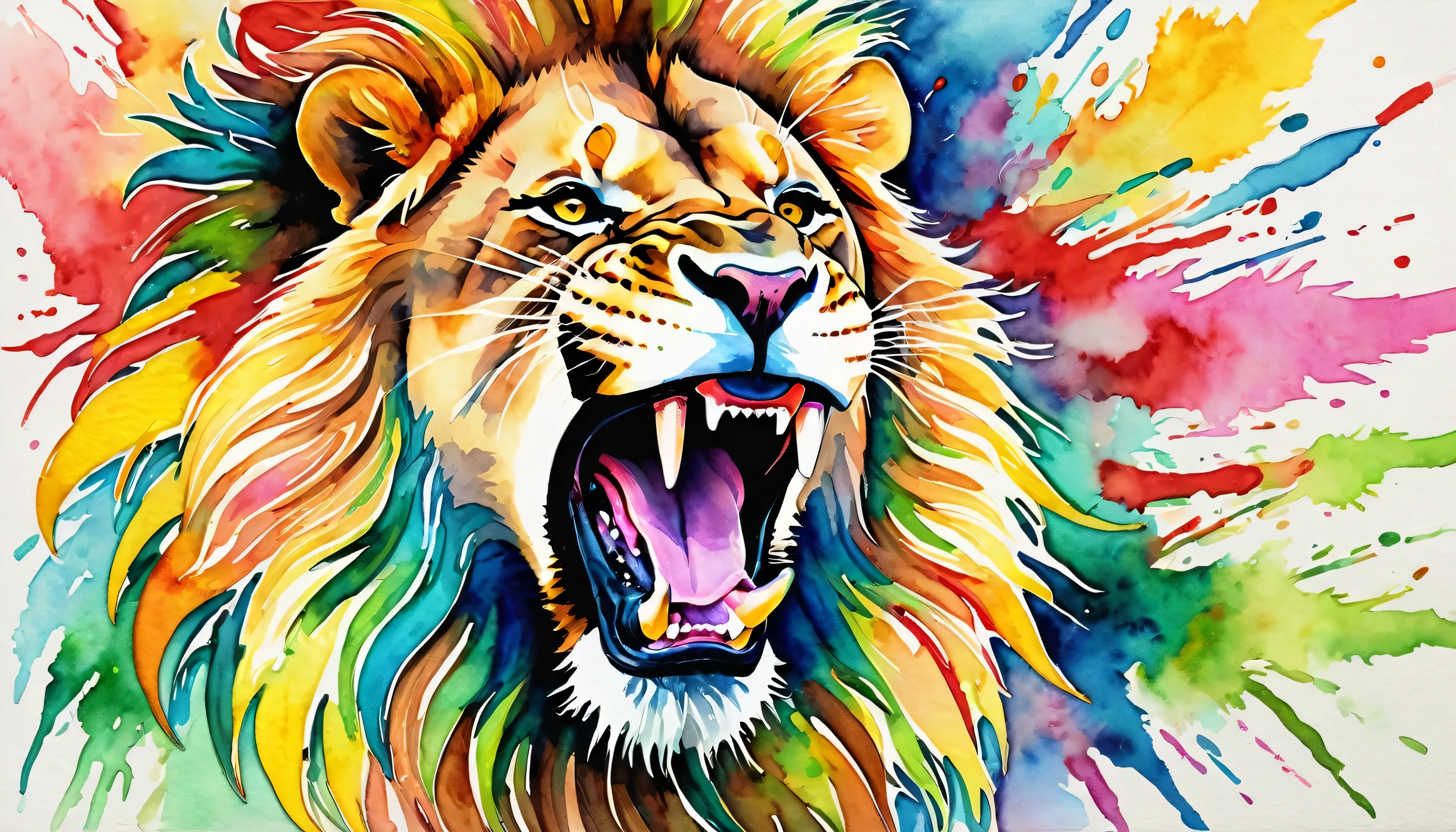 modern art, painting, drawing, watercolor, psychedelic colors, roaring lion, no_humans, open_mouth, fangs