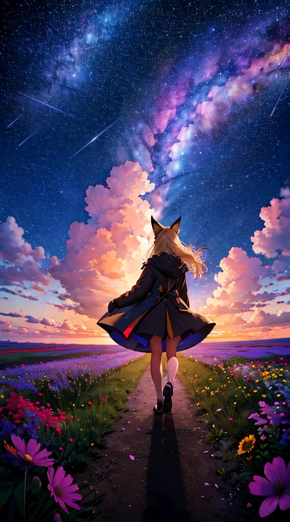 １people々々々々々,Woman with medium length blonde hair，Fox Ears，Long coat， Dress Silhouette， Rear View，Space Sky, Flower Field，Colorful flowers，Dancing Petals，