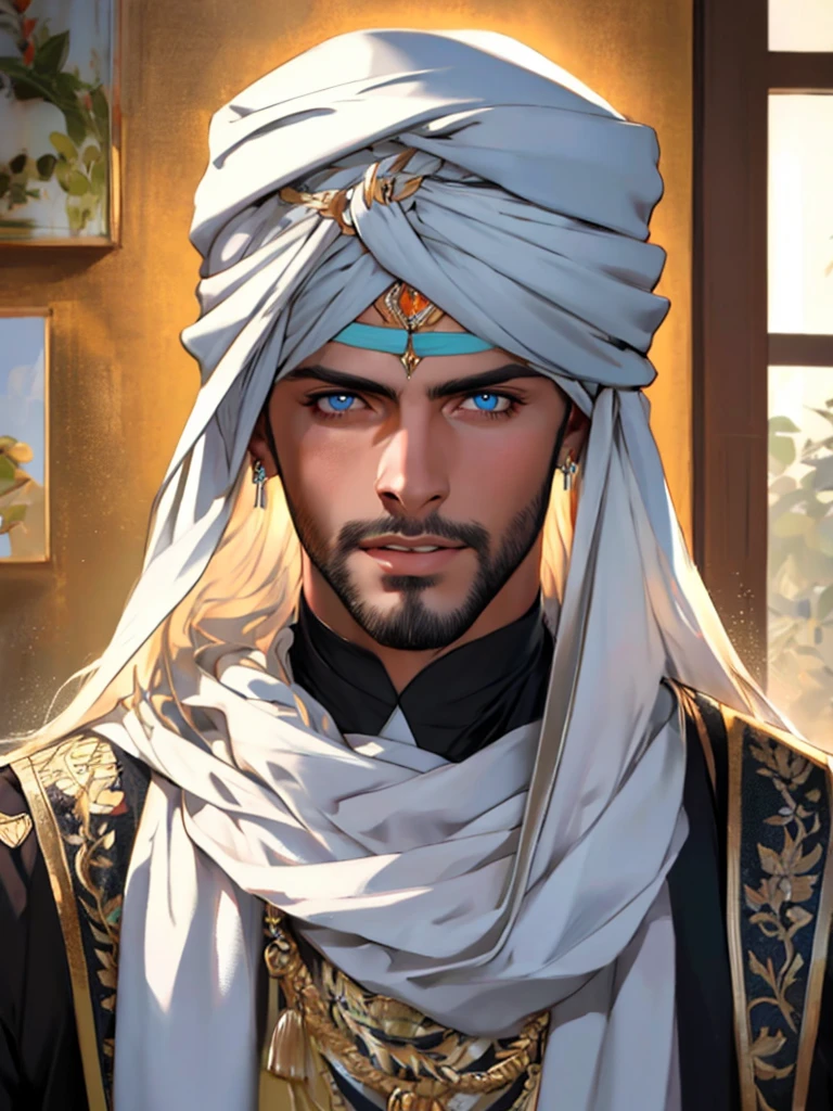 A tall, handsome, handsome young man with platinum blond hair, blue eyes, tanned skin, long straight platinum hair, dressed in the clothes of Arab sheikhs with a turban on his head. Masterpiece, perfect image, realistic pictures, detailed face study, full-length image, 8k, detailed image. extremely detailed illustration, a real masterpiece of the highest quality, with careful drawing.Masterpiece, perfect image, realistic pictures, detailed study of faces, full-length image, 8k, detailed image. extremely detailed illustration, a real masterpiece of the highest quality, with careful drawing.