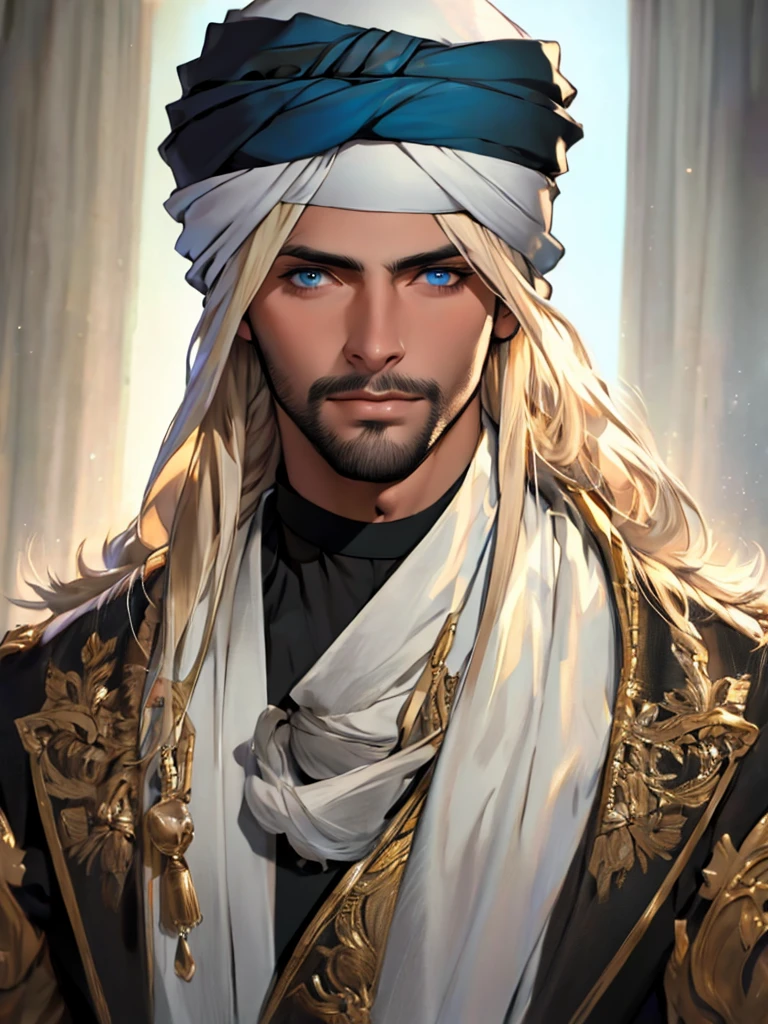 A tall, handsome, handsome young man with platinum blond hair, blue eyes, tanned skin, long straight platinum hair, dressed in the clothes of Arab sheikhs with a turban on his head. Masterpiece, perfect image, realistic pictures, detailed face study, full-length image, 8k, detailed image. extremely detailed illustration, a real masterpiece of the highest quality, with careful drawing.Masterpiece, perfect image, realistic pictures, detailed study of faces, full-length image, 8k, detailed image. extremely detailed illustration, a real masterpiece of the highest quality, with careful drawing.